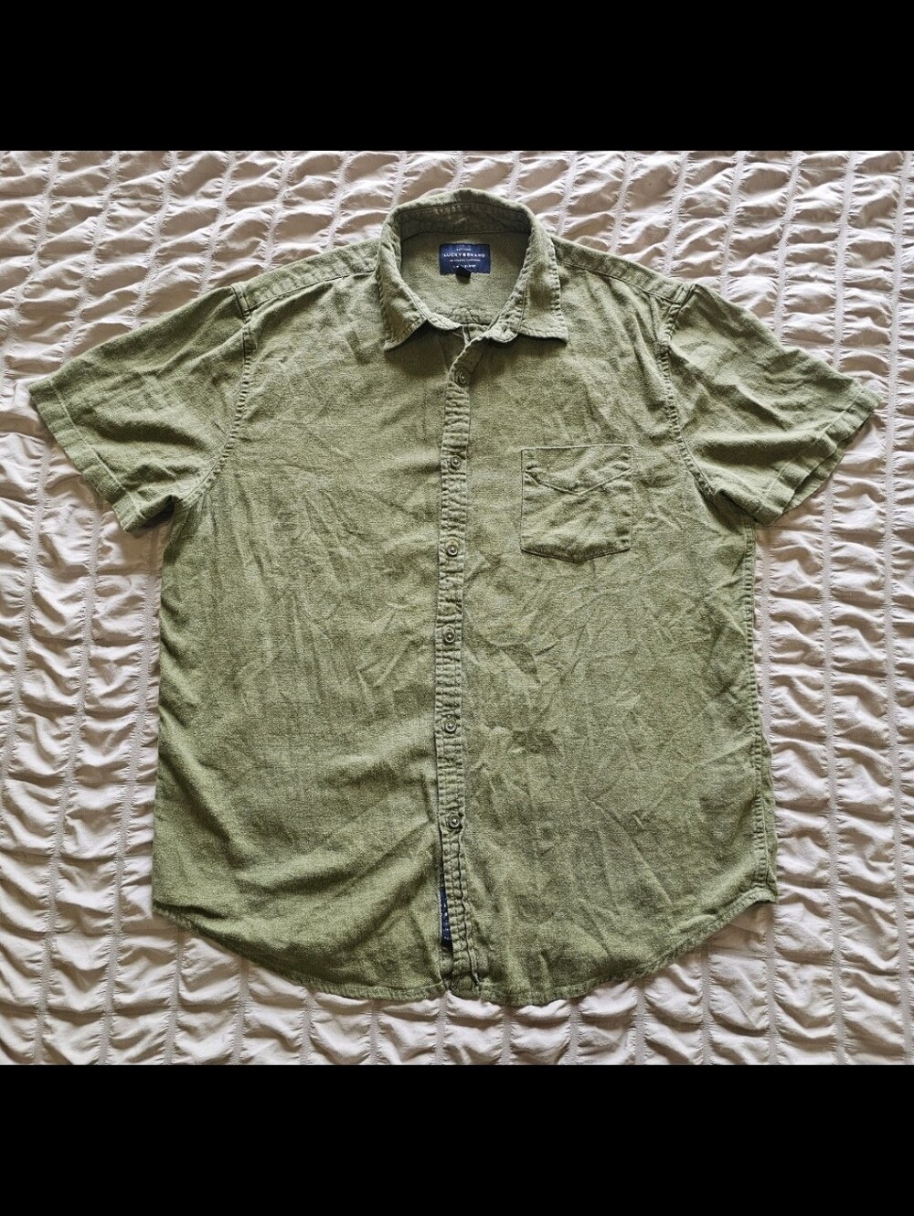Mens Lucky Brand Green Linen Camp Collar Short Sleeve Button Pocket Shirt L